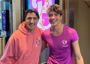 Justin Trudeau with his son for the movie barbie