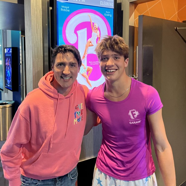 Justin Trudeau with his son for the movie barbie